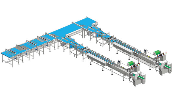 One to two dual channel automatic cake stacking, material sorting, and packaging line